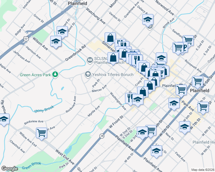 map of restaurants, bars, coffee shops, grocery stores, and more near 50 Washington Avenue in North Plainfield