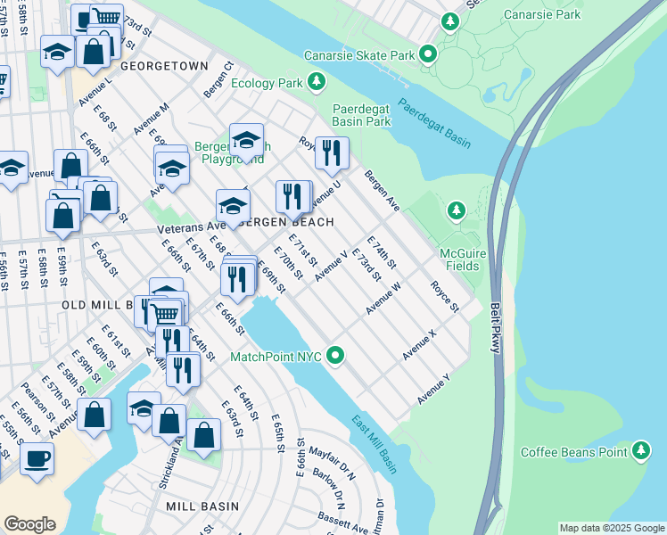 map of restaurants, bars, coffee shops, grocery stores, and more near 7120 Avenue V in Brooklyn