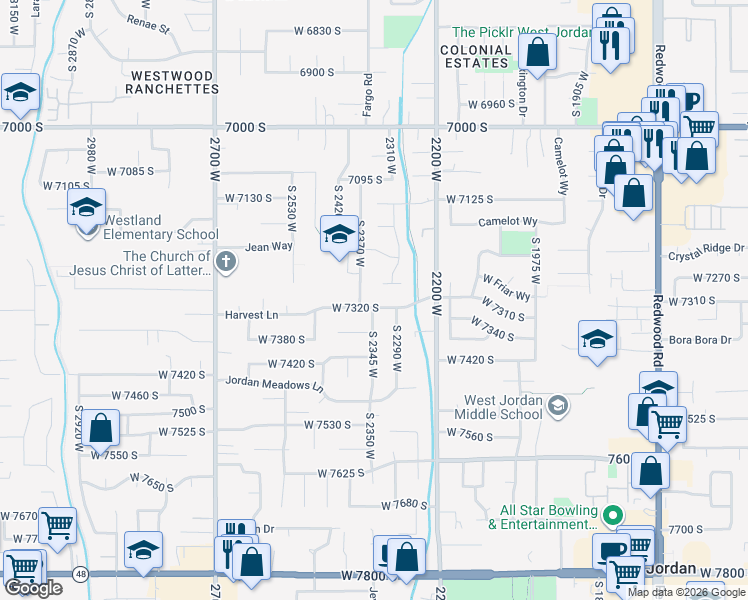 map of restaurants, bars, coffee shops, grocery stores, and more near 2338 Harvest Lane in West Jordan