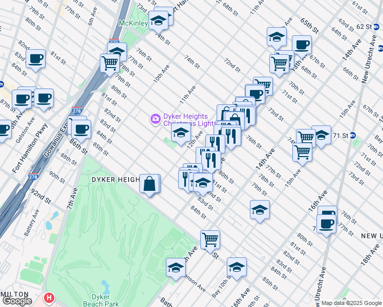 map of restaurants, bars, coffee shops, grocery stores, and more near 1214 80th Street in Brooklyn