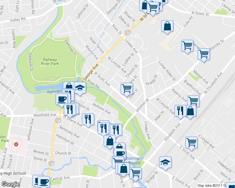 map of restaurants, bars, coffee shops, grocery stores, and more near 578 West Scott Avenue in Rahway