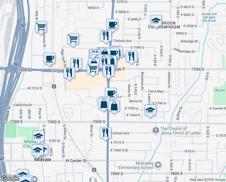 map of restaurants, bars, coffee shops, grocery stores, and more near 7321 State Street in Midvale