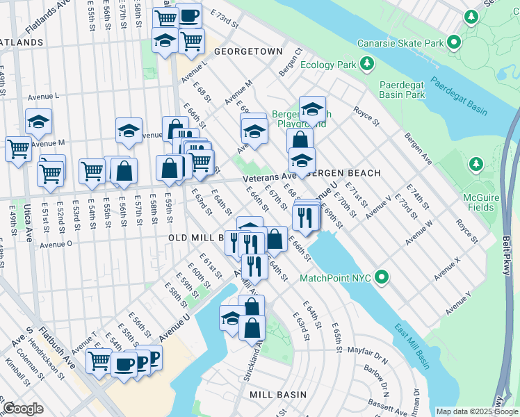 map of restaurants, bars, coffee shops, grocery stores, and more near 1520 East 66th Street in Brooklyn