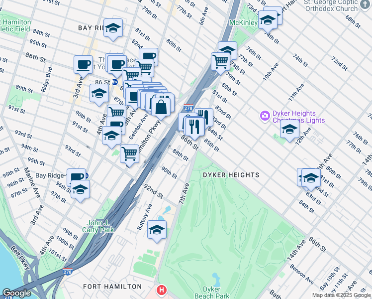 map of restaurants, bars, coffee shops, grocery stores, and more near 15 Battery Avenue in Brooklyn