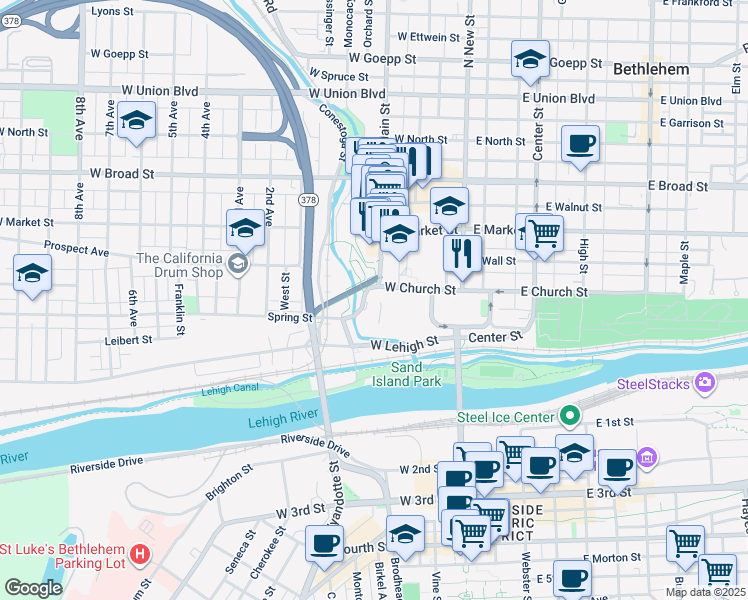 map of restaurants, bars, coffee shops, grocery stores, and more near 348 Main Street in Bethlehem