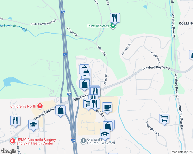 map of restaurants, bars, coffee shops, grocery stores, and more near 322 Marshall Heights Drive in Wexford