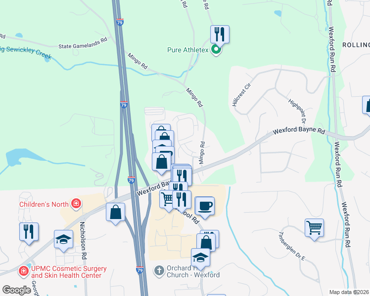 map of restaurants, bars, coffee shops, grocery stores, and more near 322 Marshall Heights Drive in Wexford