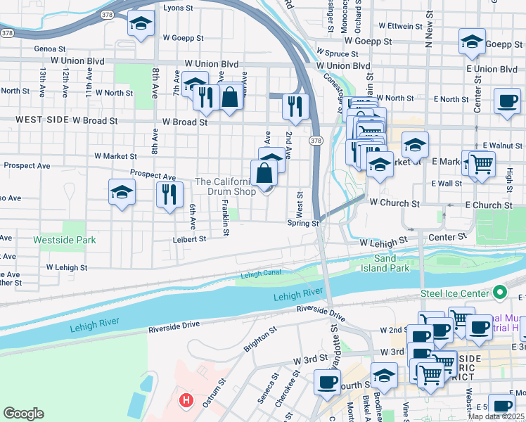 map of restaurants, bars, coffee shops, grocery stores, and more near 317 Rauch Street in Bethlehem
