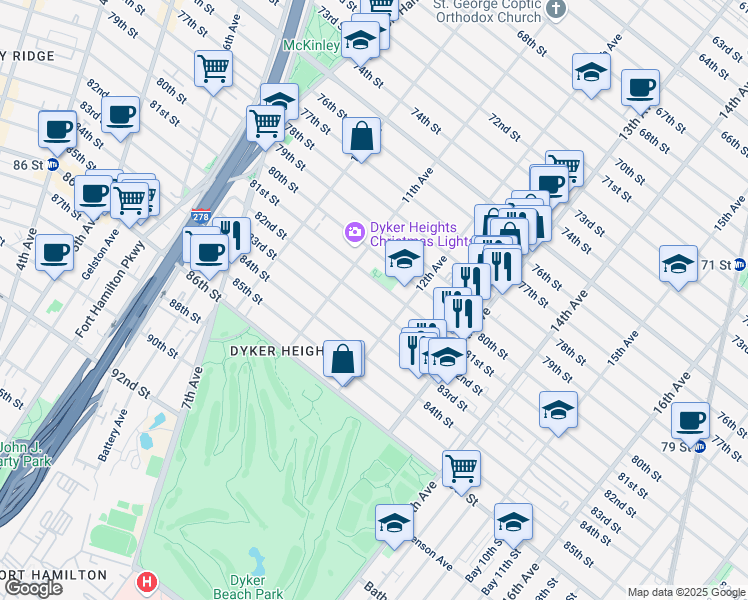map of restaurants, bars, coffee shops, grocery stores, and more near 1147 82nd Street in Brooklyn
