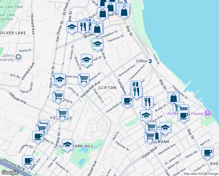 map of restaurants, bars, coffee shops, grocery stores, and more near 25 Fairway Avenue in Staten Island