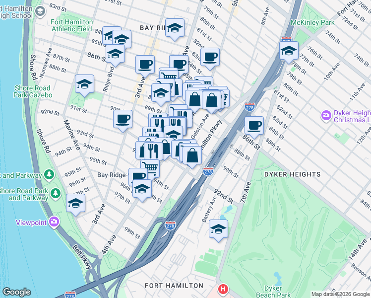map of restaurants, bars, coffee shops, grocery stores, and more near Gelston Avenue in Brooklyn