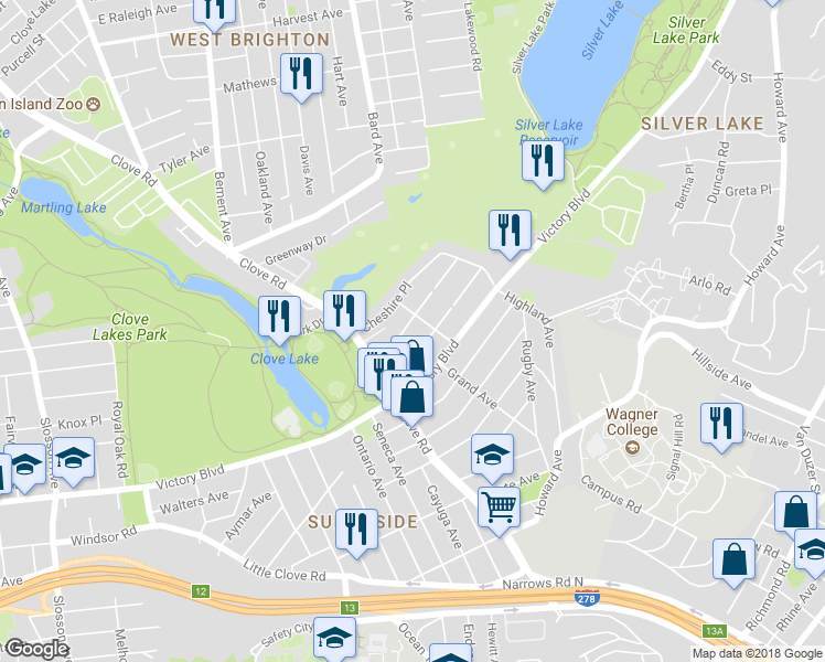 map of restaurants, bars, coffee shops, grocery stores, and more near 110 Beverly Avenue in Staten Island