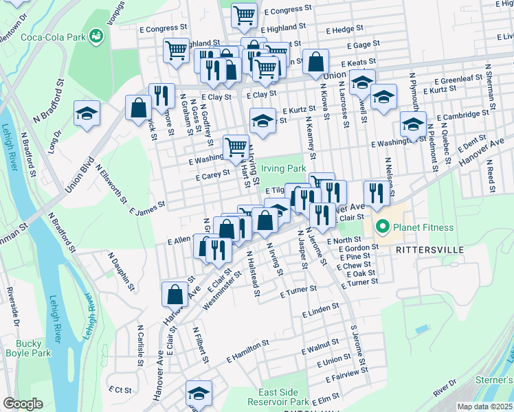map of restaurants, bars, coffee shops, grocery stores, and more near 622 North Irving Street in Allentown