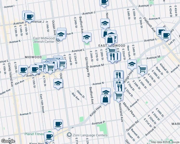 map of restaurants, bars, coffee shops, grocery stores, and more near 3441 Bedford Avenue in Brooklyn