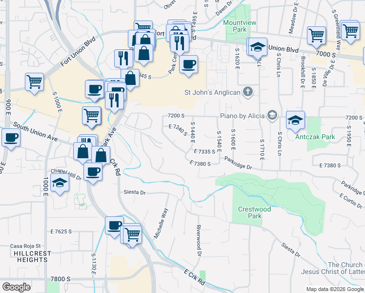 map of restaurants, bars, coffee shops, grocery stores, and more near 1391 East McCormick Way in Cottonwood Heights