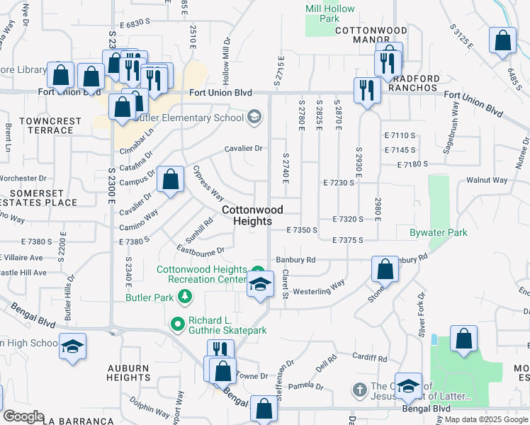 map of restaurants, bars, coffee shops, grocery stores, and more near in Cottonwood Heights
