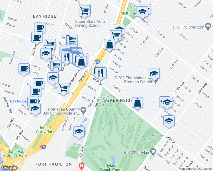 map of restaurants, bars, coffee shops, grocery stores, and more near 8516 10th Avenue in Brooklyn