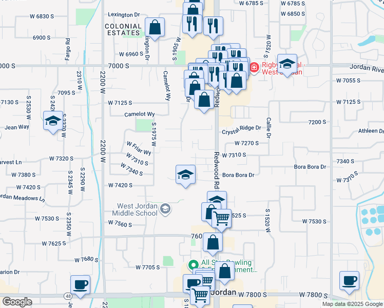 map of restaurants, bars, coffee shops, grocery stores, and more near 7292 South Redwood Road in West Jordan