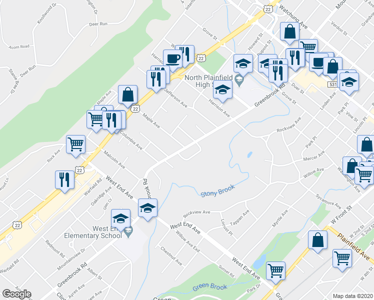 map of restaurants, bars, coffee shops, grocery stores, and more near 253 Greenbrook Road in North Plainfield
