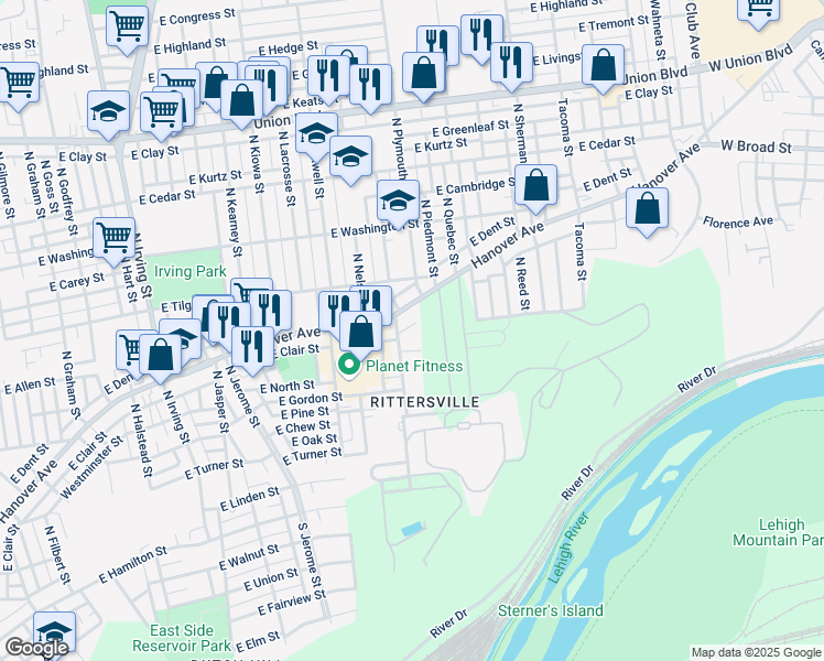map of restaurants, bars, coffee shops, grocery stores, and more near 455 North Oswego Street in Allentown