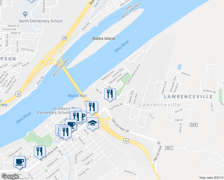 map of restaurants, bars, coffee shops, grocery stores, and more near 917 Plutus Avenue in Chester