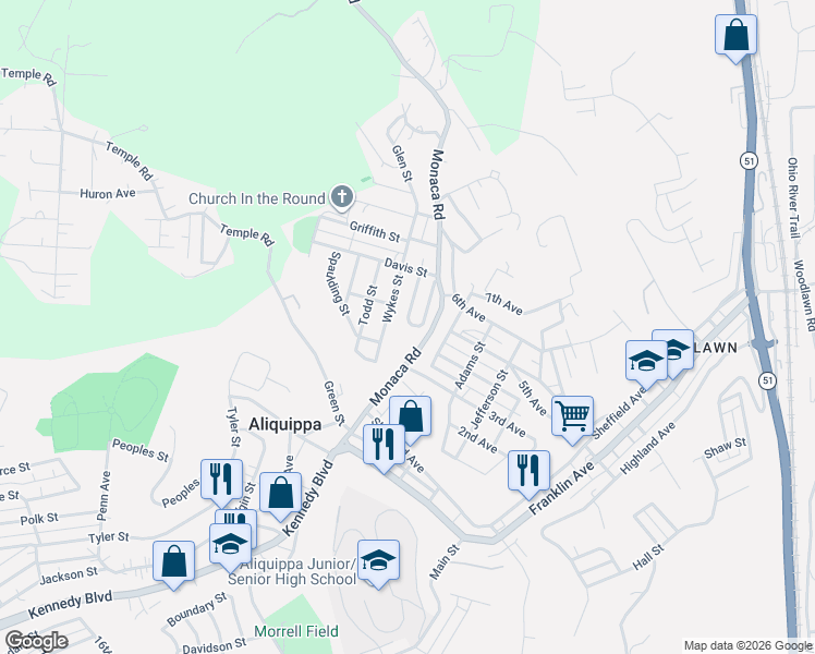 map of restaurants, bars, coffee shops, grocery stores, and more near 289 Return Street in Aliquippa