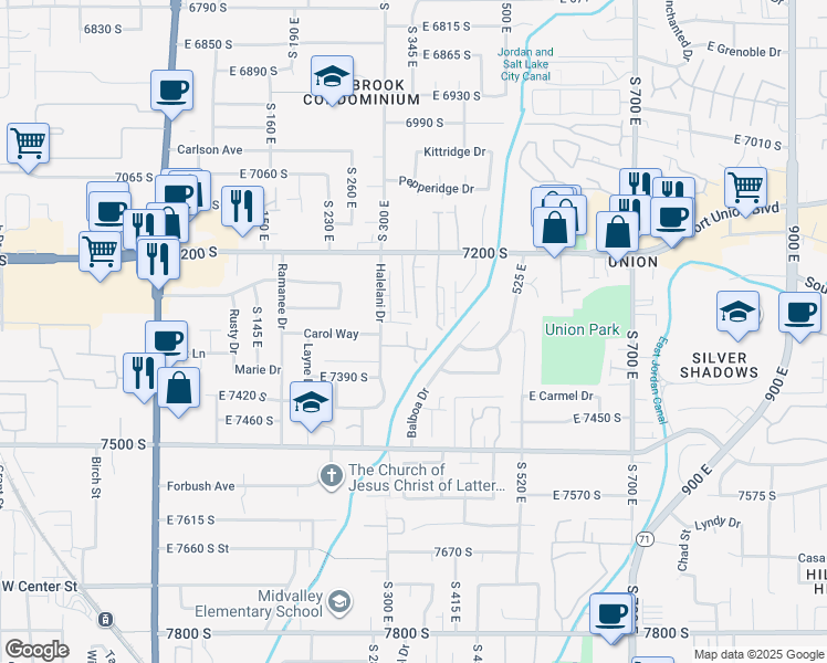 map of restaurants, bars, coffee shops, grocery stores, and more near 7309 Union Village Circle in Midvale