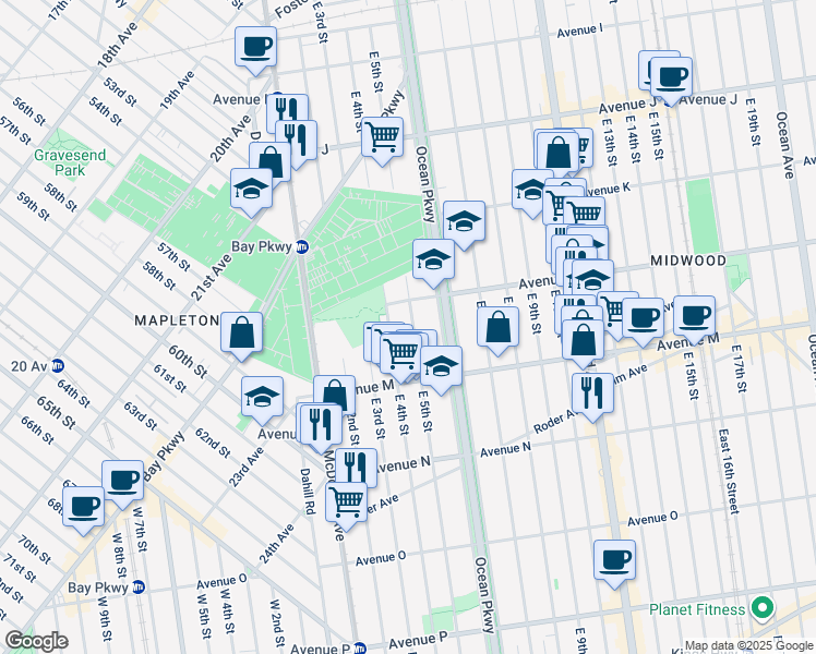 map of restaurants, bars, coffee shops, grocery stores, and more near 1324 East 5th Street in Brooklyn