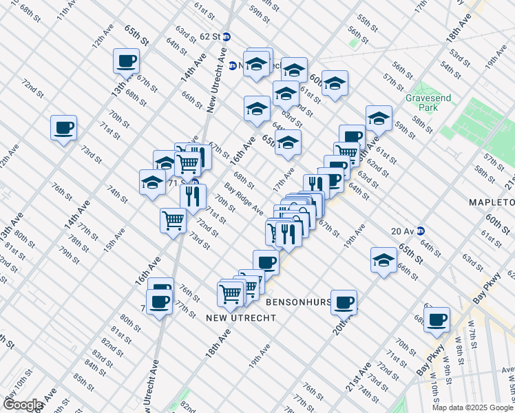 map of restaurants, bars, coffee shops, grocery stores, and more near 6820 17th Avenue in Brooklyn