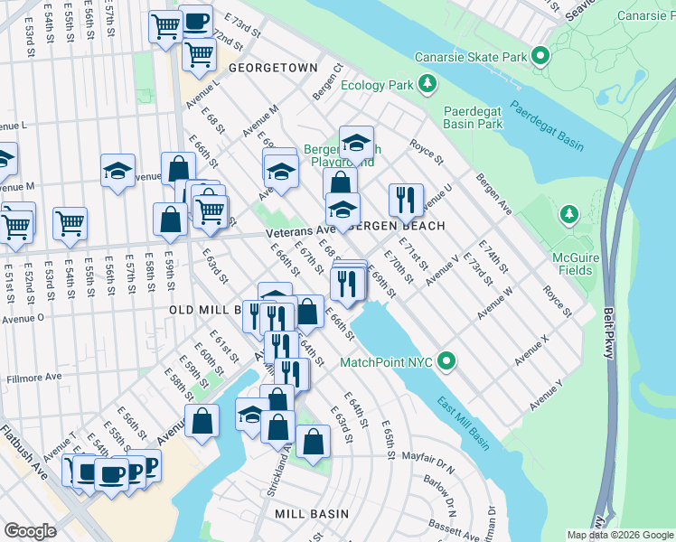 map of restaurants, bars, coffee shops, grocery stores, and more near 2101 East 68 Street in Brooklyn
