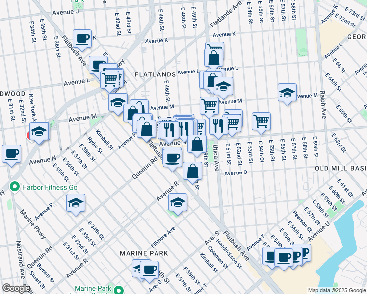 map of restaurants, bars, coffee shops, grocery stores, and more near 4722 Avenue N in Brooklyn