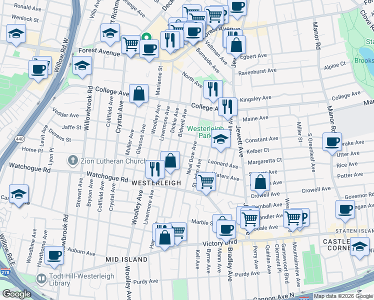 map of restaurants, bars, coffee shops, grocery stores, and more near 215 Demorest Avenue in Staten Island