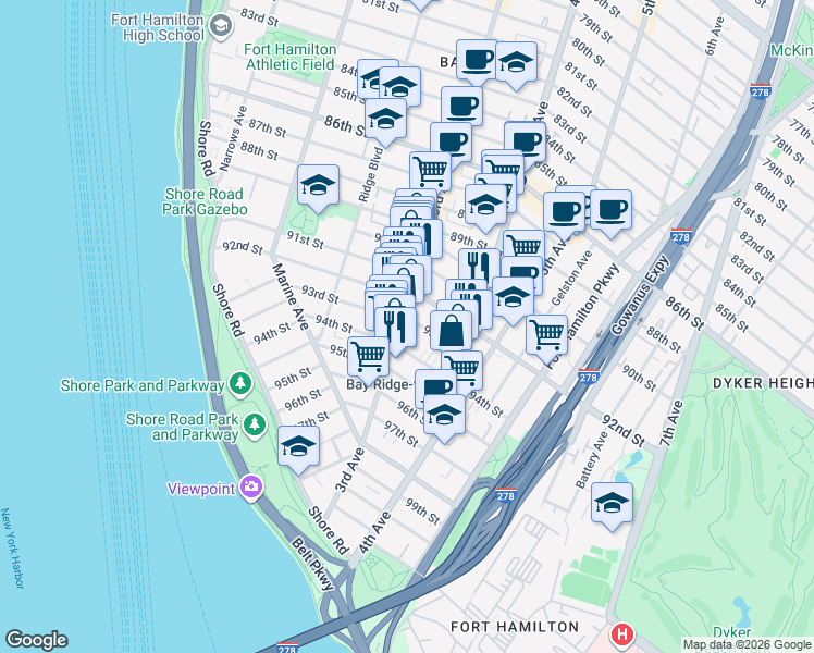 map of restaurants, bars, coffee shops, grocery stores, and more near 9204 3rd Avenue in Brooklyn