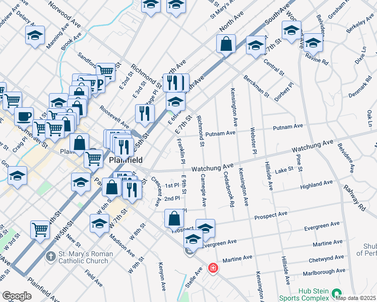 map of restaurants, bars, coffee shops, grocery stores, and more near 328 Franklin Place in Plainfield