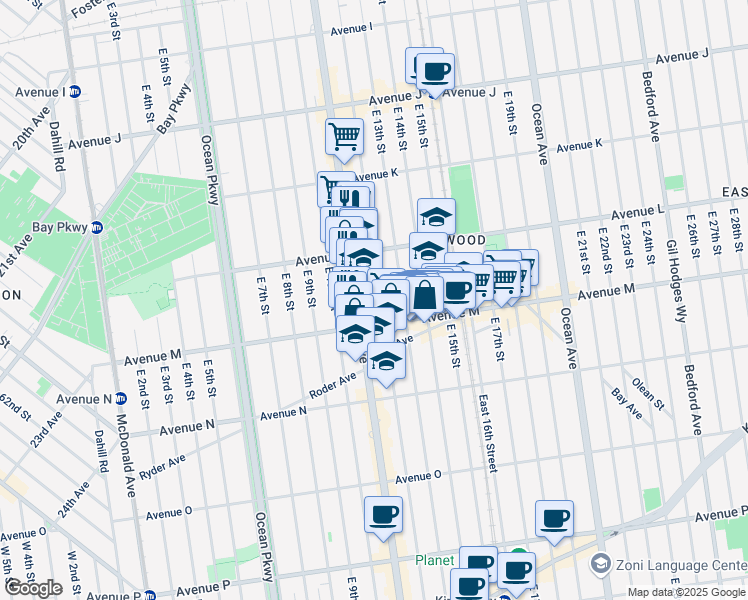 map of restaurants, bars, coffee shops, grocery stores, and more near 1603 Coney Island Avenue in Brooklyn