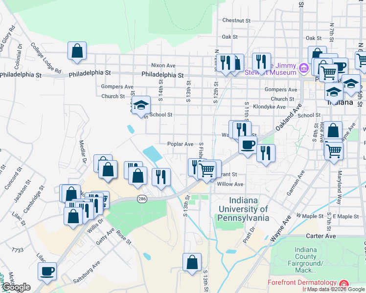 map of restaurants, bars, coffee shops, grocery stores, and more near 355 South Lowry Avenue in Indiana