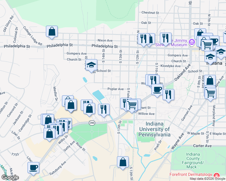 map of restaurants, bars, coffee shops, grocery stores, and more near 355 South Lowry Avenue in Indiana
