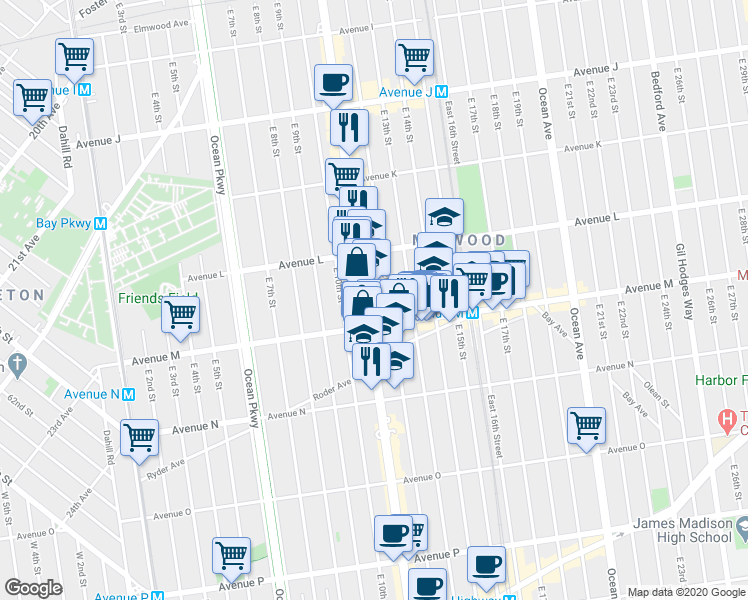 map of restaurants, bars, coffee shops, grocery stores, and more near 1603 Coney Island Avenue in Brooklyn
