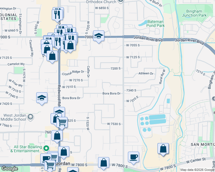map of restaurants, bars, coffee shops, grocery stores, and more near 7316 South 1370 West in West Jordan