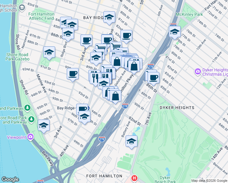 map of restaurants, bars, coffee shops, grocery stores, and more near 103 Gelston Avenue in Brooklyn
