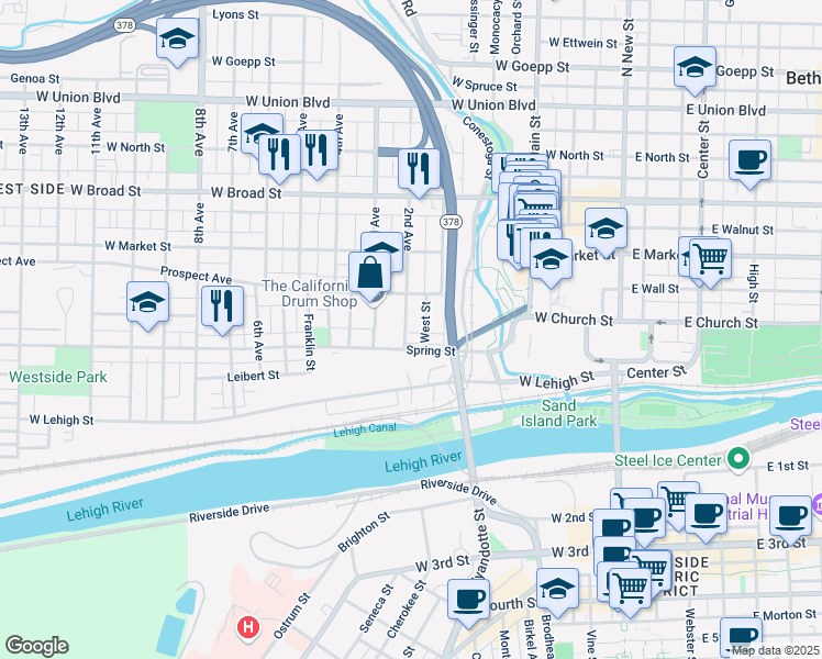 map of restaurants, bars, coffee shops, grocery stores, and more near 320 2nd Avenue in Bethlehem