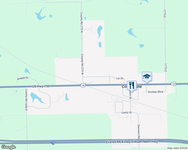 map of restaurants, bars, coffee shops, grocery stores, and more near 201-299 1st Street in Congerville