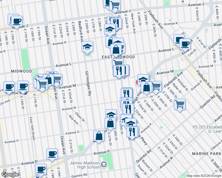 map of restaurants, bars, coffee shops, grocery stores, and more near 1335 East 28th Street in Brooklyn