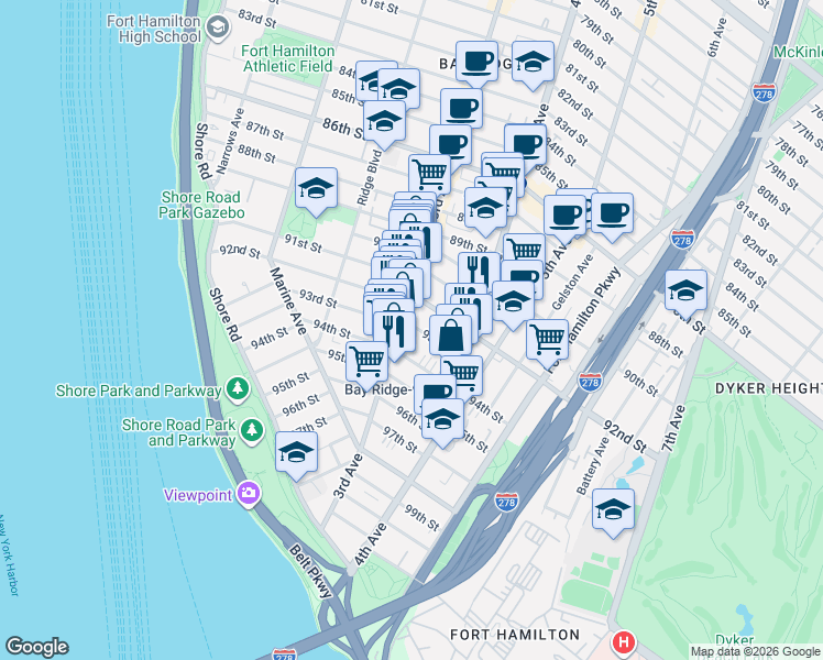 map of restaurants, bars, coffee shops, grocery stores, and more near 312 93rd Street in Brooklyn
