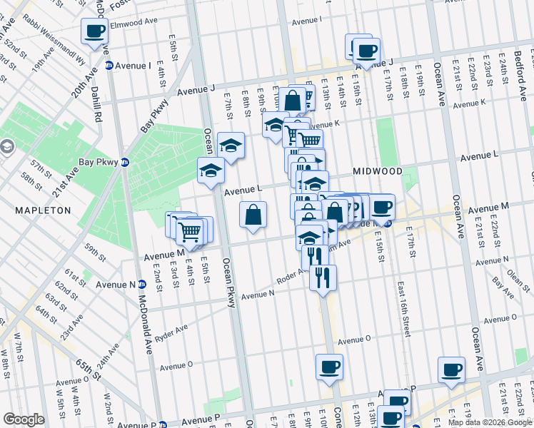 map of restaurants, bars, coffee shops, grocery stores, and more near 1255 East 8th Street in Brooklyn