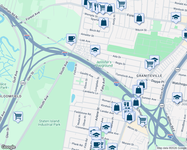 map of restaurants, bars, coffee shops, grocery stores, and more near 146 Fahy Avenue in Staten Island