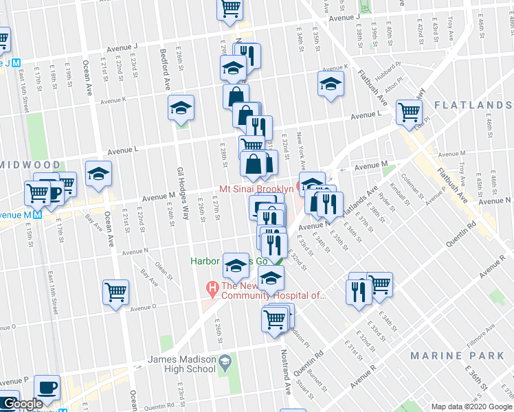 map of restaurants, bars, coffee shops, grocery stores, and more near 2712 Nostrand Avenue in Brooklyn