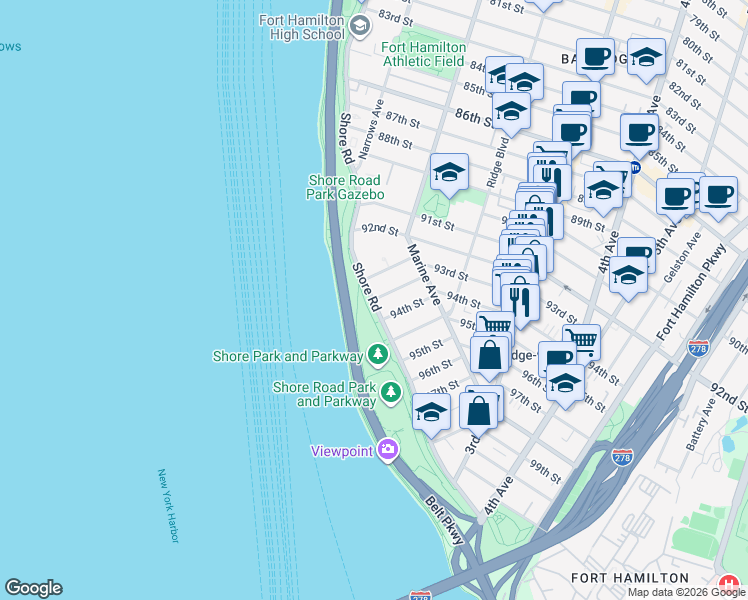 map of restaurants, bars, coffee shops, grocery stores, and more near 0 93rd Street in Brooklyn