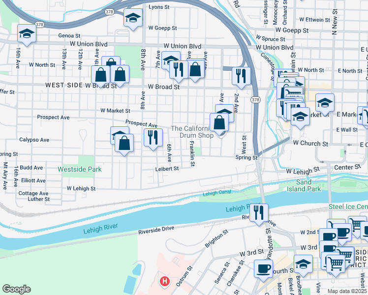 map of restaurants, bars, coffee shops, grocery stores, and more near 318 Liberty St in Bethlehem