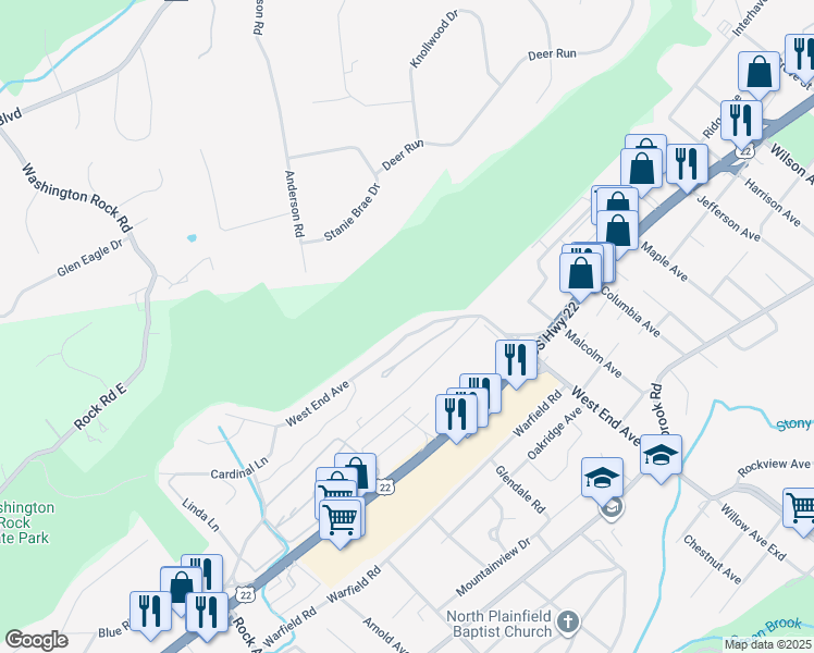map of restaurants, bars, coffee shops, grocery stores, and more near 204 West End Avenue in Green Brook Township